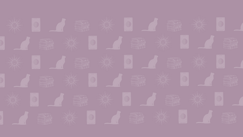 banniere fond violet qui alterne entre silouette chat, pile de livres, soleil et carte tarot