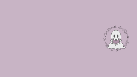 Bannière violette, fantome qui lit un livre entouré couronne de fleurs